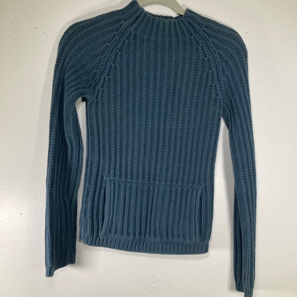 American Eagle Outfitters Blue Ribbed Knit Mock Neck Kangaroo Pocket Sweater S